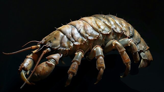 Giant isopod crustacean profile shown against a dark background for deep sea biology research.