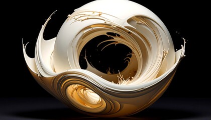 Abstract sphere sculpture with swirling, flowing cream shapes set against a dark background