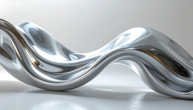 Shiny, metallic wave form. Curvy, chrome-colored, and reflects light; against a bright, soft background