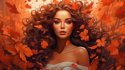 Autumn concept. A woman in a warm sweater on autumn leaves.