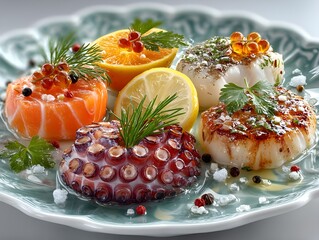 Gourmet seafood platter with fresh citrus and herbs, a luxurious culinary delight