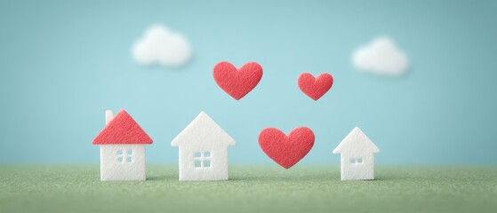 Whimsical Miniature Houses With Red Hearts Floating In Blue Sky