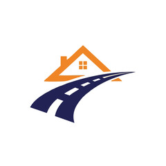 A modern graphic logo featuring an orange house with a dark blue road leading towards it, symbolizing real estate, property development, and home ownership journeys.