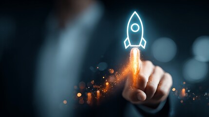 Dynamic finger ignites futuristic rocket graphic, symbolizing innovation, startup, and rapid growth in a modern tech concept