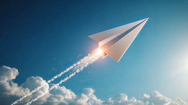 Soar to new heights with a dynamic paper airplane launching into a brilliant blue sky leaving a trail of light and dreams.