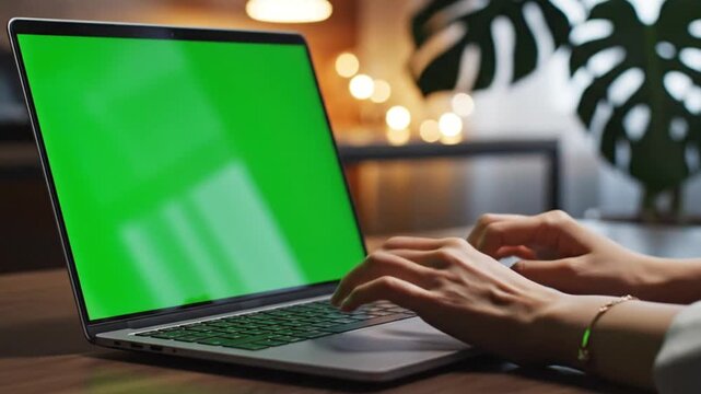 Modern workspace with open laptop on desk showing green chroma key screen for digital content display with blurred background plants and warm professional lighting in office environment