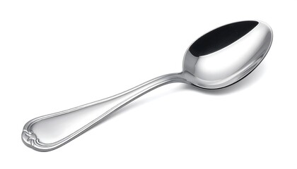 Shiny, silver spoon lies diagonally on a white surface, reflecting light. Handle has decorative details