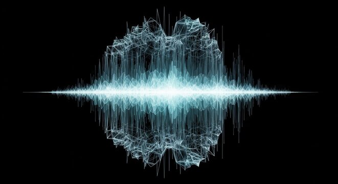 Abstract sound wave visualization digital audio data flow light glow black background