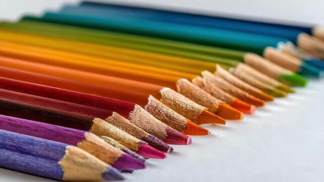 Row of sharpened colored pencils lined up diagonally in a rainbow of colors.
