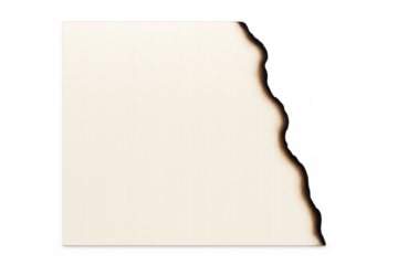 Burnt paper sheet with charred wavy edges on a transparent background, symbolizing history, age, or destruction