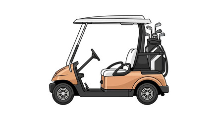 Golf cart illustration with clubs and bags, representing transportation and leisure activities on a course