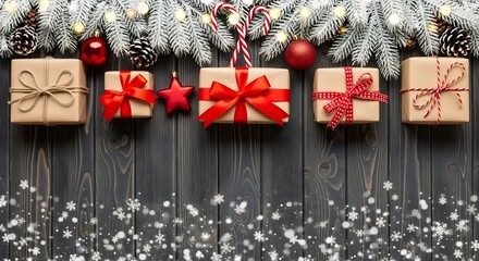 Rustic christmas presents with ornaments and snow on wood