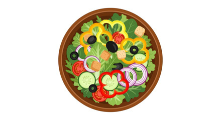 Fresh garden salad with mixed vegetables in a wooden bowl. Healthy eating concept vector illustration isolated on white background