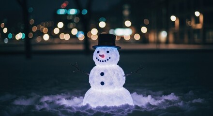 Lit snowman, top hat, at night, with blurry city lights