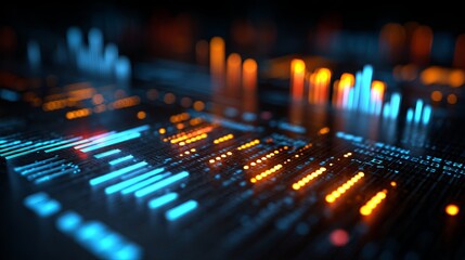 Dynamic abstract data stream flowing with vibrant neon blue and orange lights on a dark futuristic circuit board