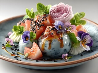 Exquisite dessert adorned with fresh fruit, delicate flowers, and sweet syrup, a culinary masterpiece.