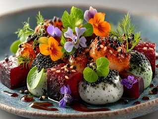 Gourmet appetizer plated with vibrant edible flowers and sesame seeds