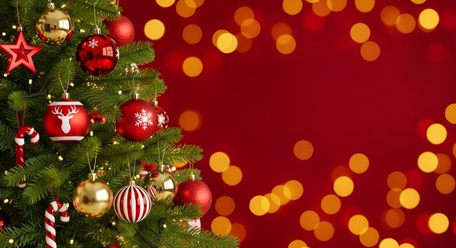 Beautiful christmas tree with ornaments and lights on red background - Powered by Adobe
