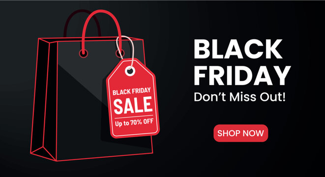 Advertisement concept for a major annual shopping holiday or black friday, showing a stylized shopping bag and a sales tag offering a significant discount on a dark background