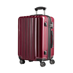 A dark-red, hard-shell carry-on suitcase with four wheels, a retractable handle, and a top carry handle