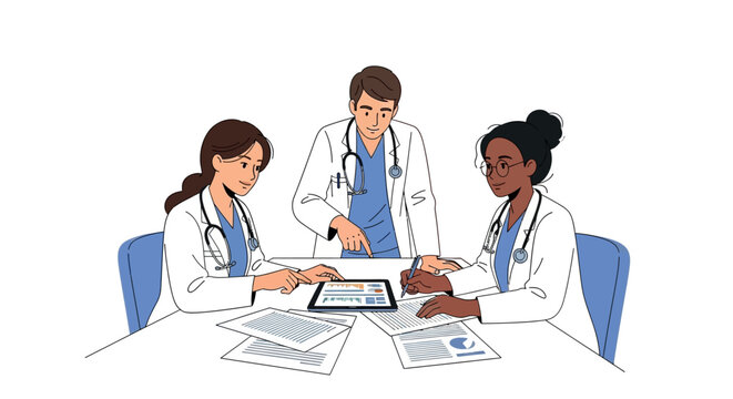 Medical team of diverse doctors in white coats collaborating around a table, analyzing data on a tablet and papers