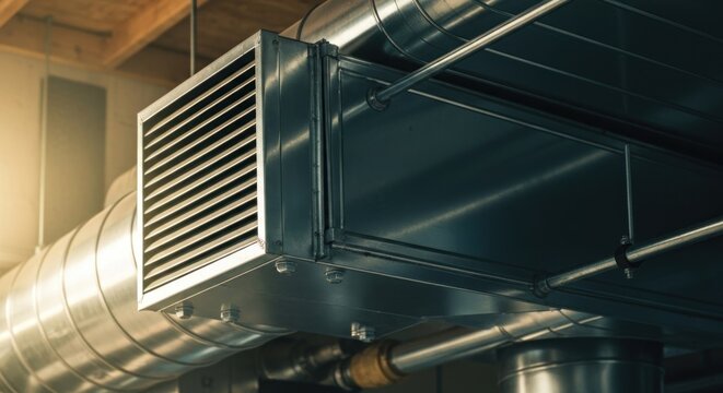 Industrial close-up view of metallic ventilation system with ducts and a rectangular vent