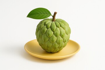 Whole custard apple with a fresh green leaf resting on a smooth yellow ceramic plate clean tropical fruit studio on white