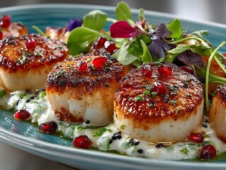 Gourmet seared scallops with creamy sauce, fresh herbs, and pomegranate seeds on a blue plate.