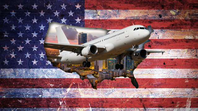 Commercial airplane flying through USA map cutout with American flag background and modern cityscape travel concept illustration