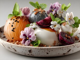 Artfully presented gourmet dessert with fresh fruit and edible flowers, a delightful culinary creation.