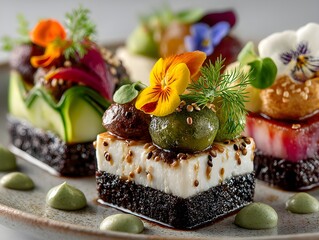 Artfully prepared gourmet appetizers with fresh edible flowers and delicate garnishes