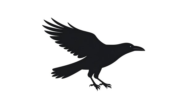 Silhouette of a dark crow with wings partially spread, standing on its legs against a plain background - Powered by Adobe