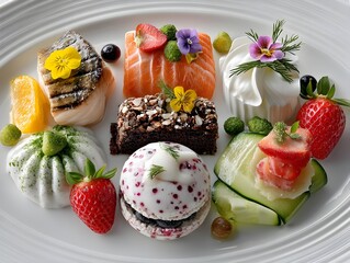 Exquisite gourmet platter showcasing a vibrant array of delicate desserts and fresh seafood.