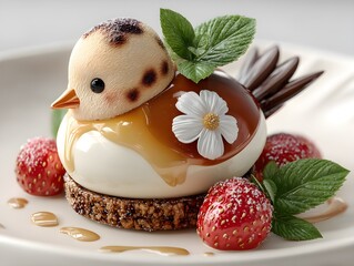 Whimsical bird-shaped dessert adorned with fresh berries and mint, a delightful sweet treat.