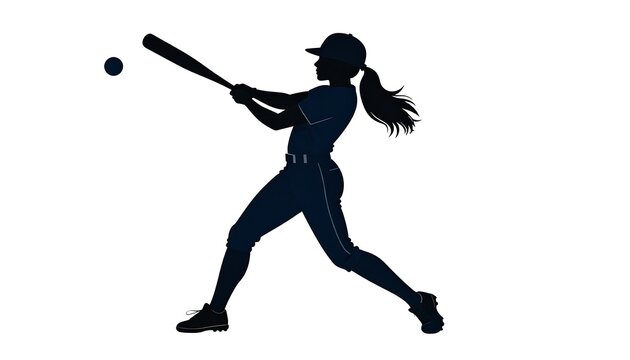 Silhouette of a female batter swings a bat at a ball.  Minimal shading