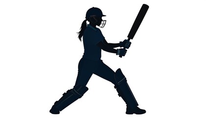 Silhouette of a female cricket player in stance, ready to strike, isolated against a white background
