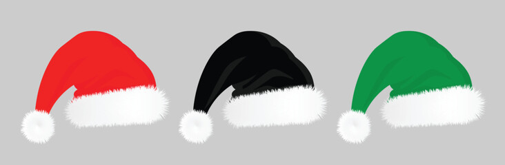 Red black and green Santa hats isolated on white background