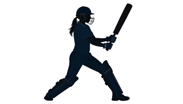 Silhouette of a female cricket player in stance, ready to strike, isolated against a white background