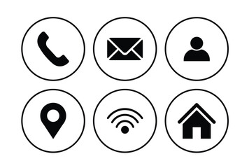 Black communication icons set including phone mail location wifi home and user isolated on white