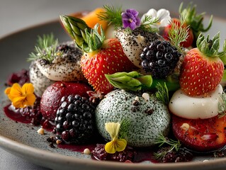 Artfully arranged gourmet dessert with fresh berries, creamy spheres, and edible flowers.