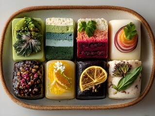 Artistic array of colorful artisanal soaps with natural ingredients and botanical garnishes