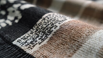 Intricate woven textile with tribal geometric patterns and fringed edge, showcasing rich textures and warm earthy tones