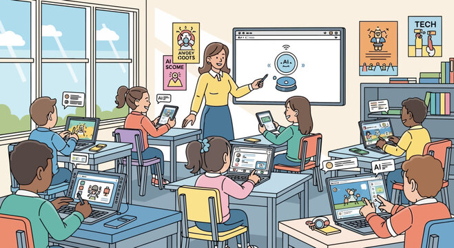A vibrant illustration depicting a modern classroom with students engaged in ai learning