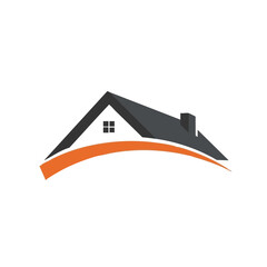 A modern minimalist house logo design, featuring a stylized roof with an orange arc, perfect for real estate and construction.