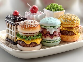 Whimsical dessert creations resembling mini burgers and cakes, a playful sweet treat display