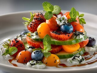 Vibrant layered summer salad with fresh berries, tomatoes, and cucumber, artfully garnished with mint.
