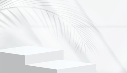 Abstract 3D shape podium with soft tropical leaf shadows and gentle light reflections. Display pedestal mockup minimal scene empty stage for presentation product cosmetic, stand, showcase, exhibition