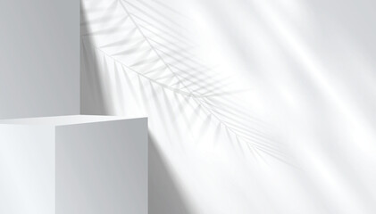 Abstract 3D shape podium with soft tropical leaf shadows and gentle light reflections. Display pedestal mockup minimal scene empty stage for presentation product cosmetic, stand, showcase, exhibition