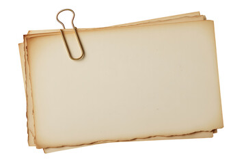 Paper clip holding stack of paper sheets with textured surface and aged edges isolated on transparent background