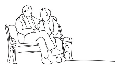 Continuous Line Drawing of an Elderly Couple on a Bench